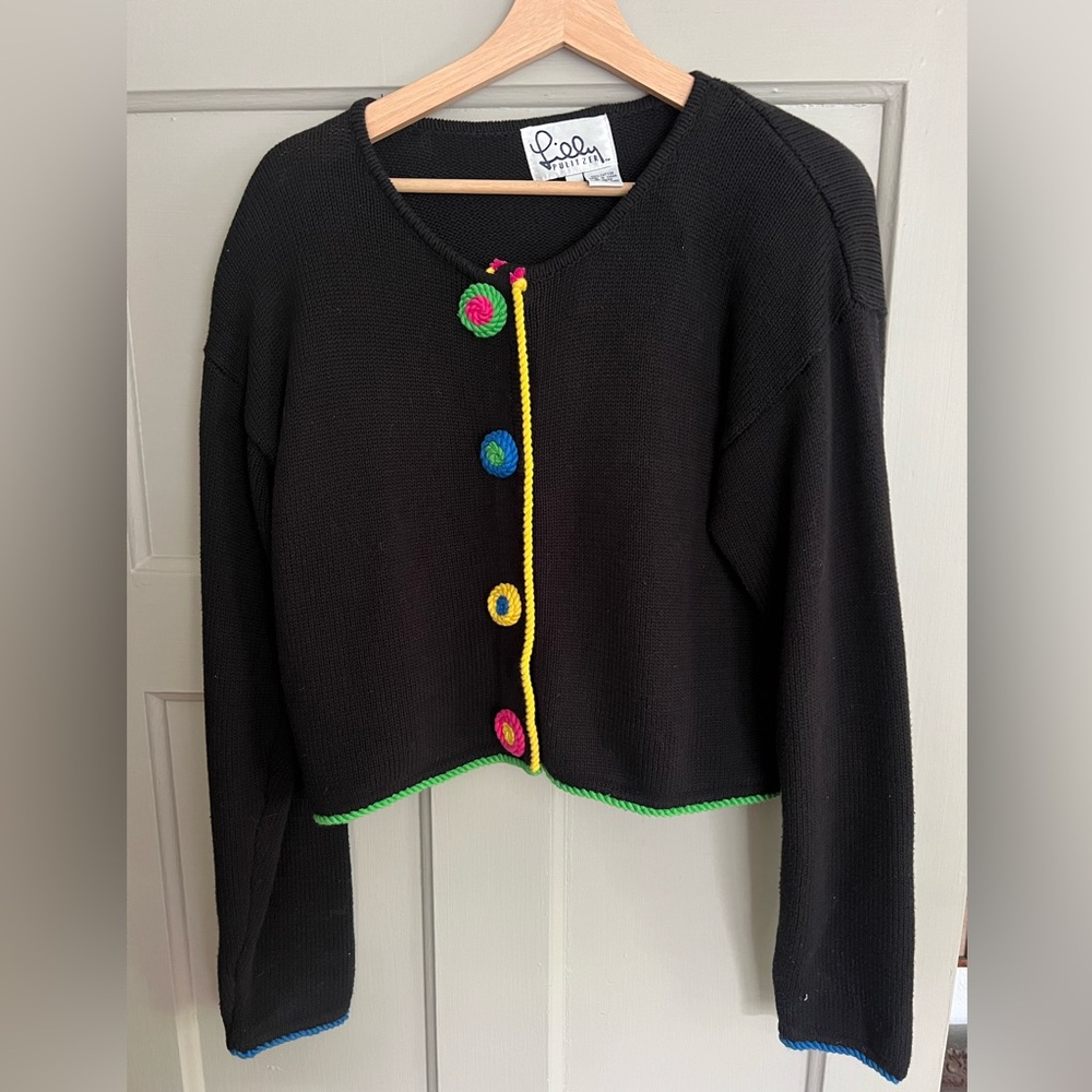Vintage Lilly Pulitzer Black Cardigan Colorful Buttons 100% Cotton Size Medium